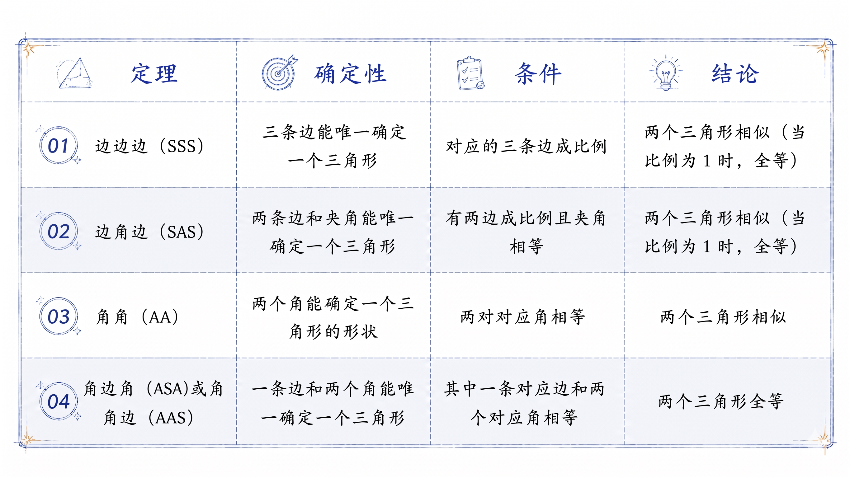 三角形判定定理对照表：定理、确定性、条件、结论四列，涵盖SSS、SAS、AA、ASA/AAS四行